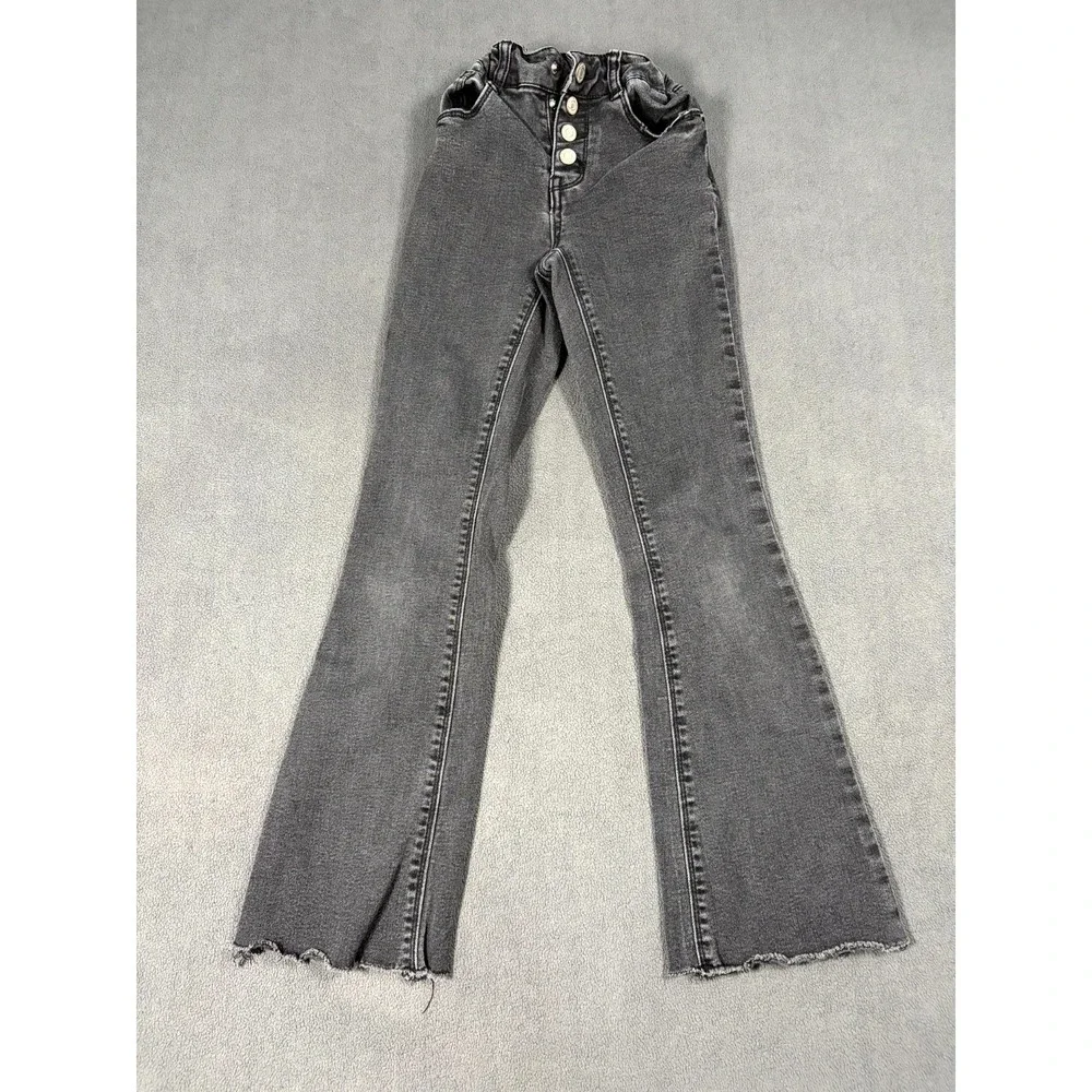 Hippie Girl Flare Jeans 8 Gray Denim Cotton Stretch Elastic Waist Frayed Hem